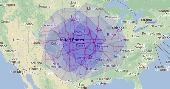 Everything in the blue shaded area, outside the darkest area, is 9 hours from somewhere in Kansas.