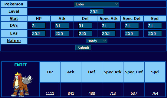 well okay, technically i had to run the calculator 18 times since there's a point limit preventing one pokemon from maxing out more than 2 1/2 of their EVs and i had to find that out by trial and error...